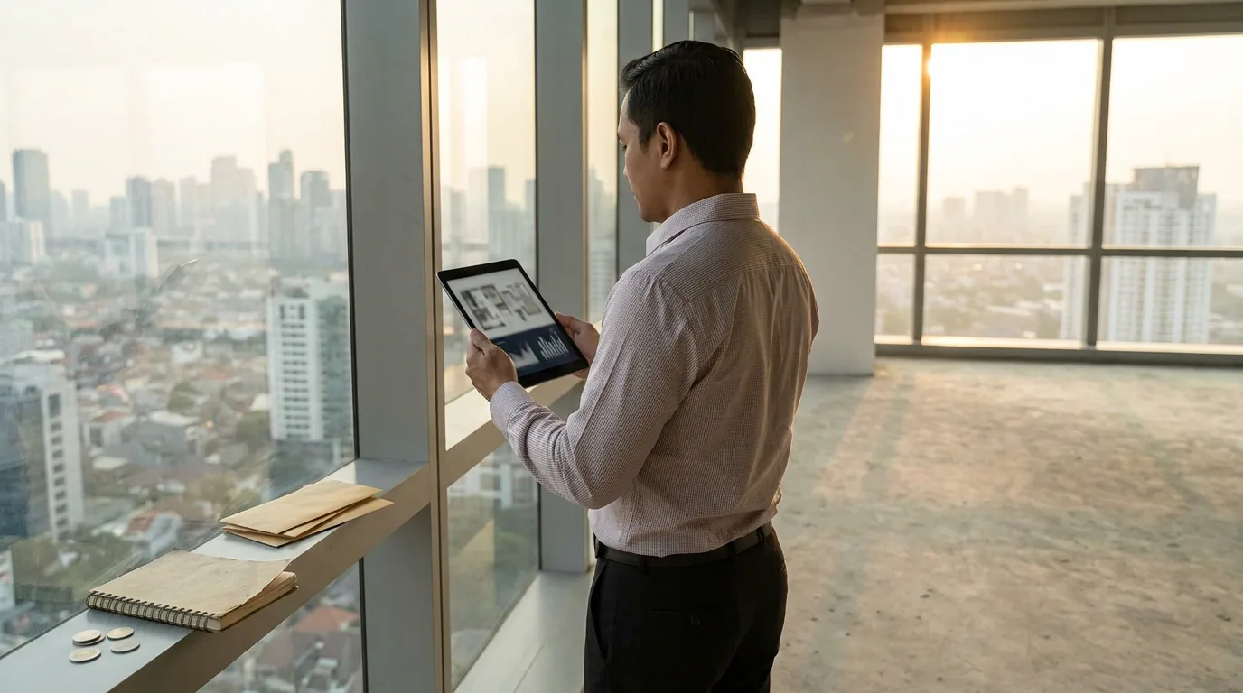 Pemilik bisnis sedang merencanakan tata letak dan anggaran biaya sewa di ruang kantor baru yang masih kosong.