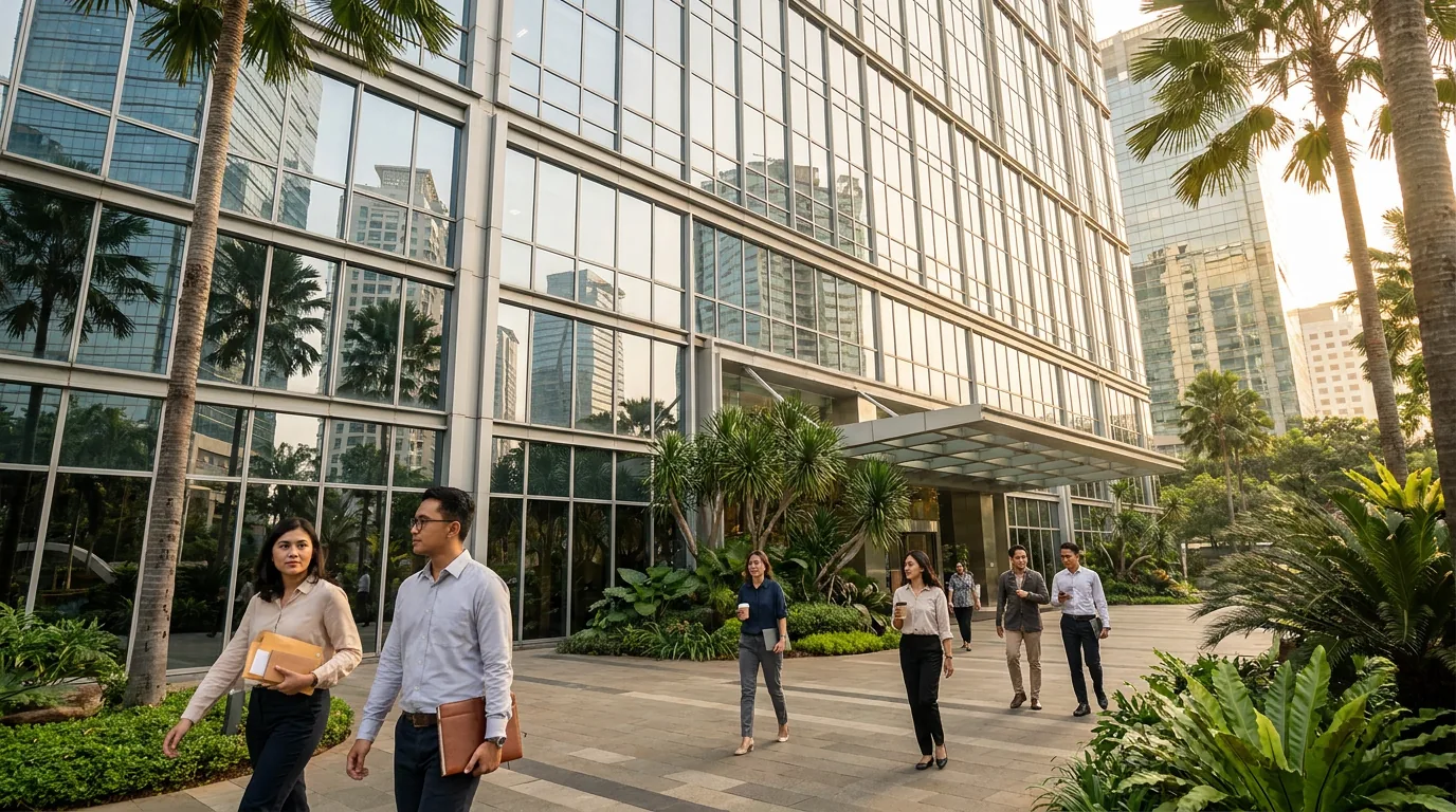 Fasad gedung perkantoran mewah di kawasan bisnis Jakarta yang merepresentasikan prestise dan biaya sewa kantor.