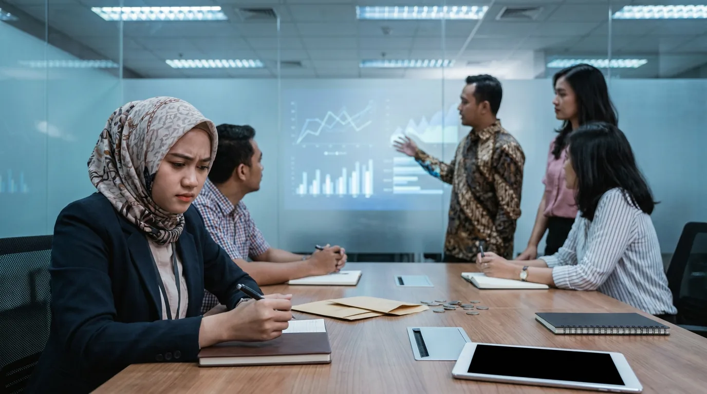 Sekelompok pekerja kantoran di Indonesia sedang berdiskusi serius mengenai kebijakan ekonomi makro dan dampaknya terhadap kesejahteraan pekerja.