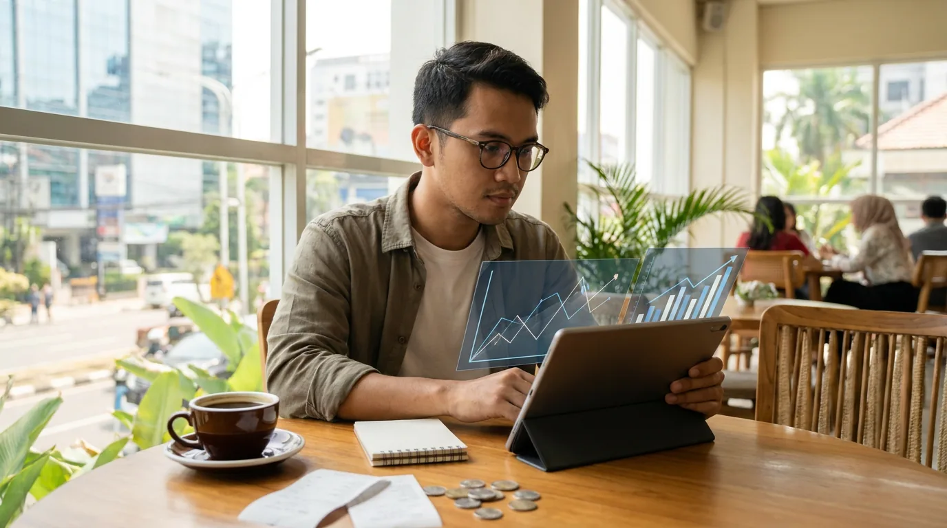 Pekerja milenial Indonesia sedang fokus merencanakan strategi investasi masa depan secara mandiri menggunakan tablet.