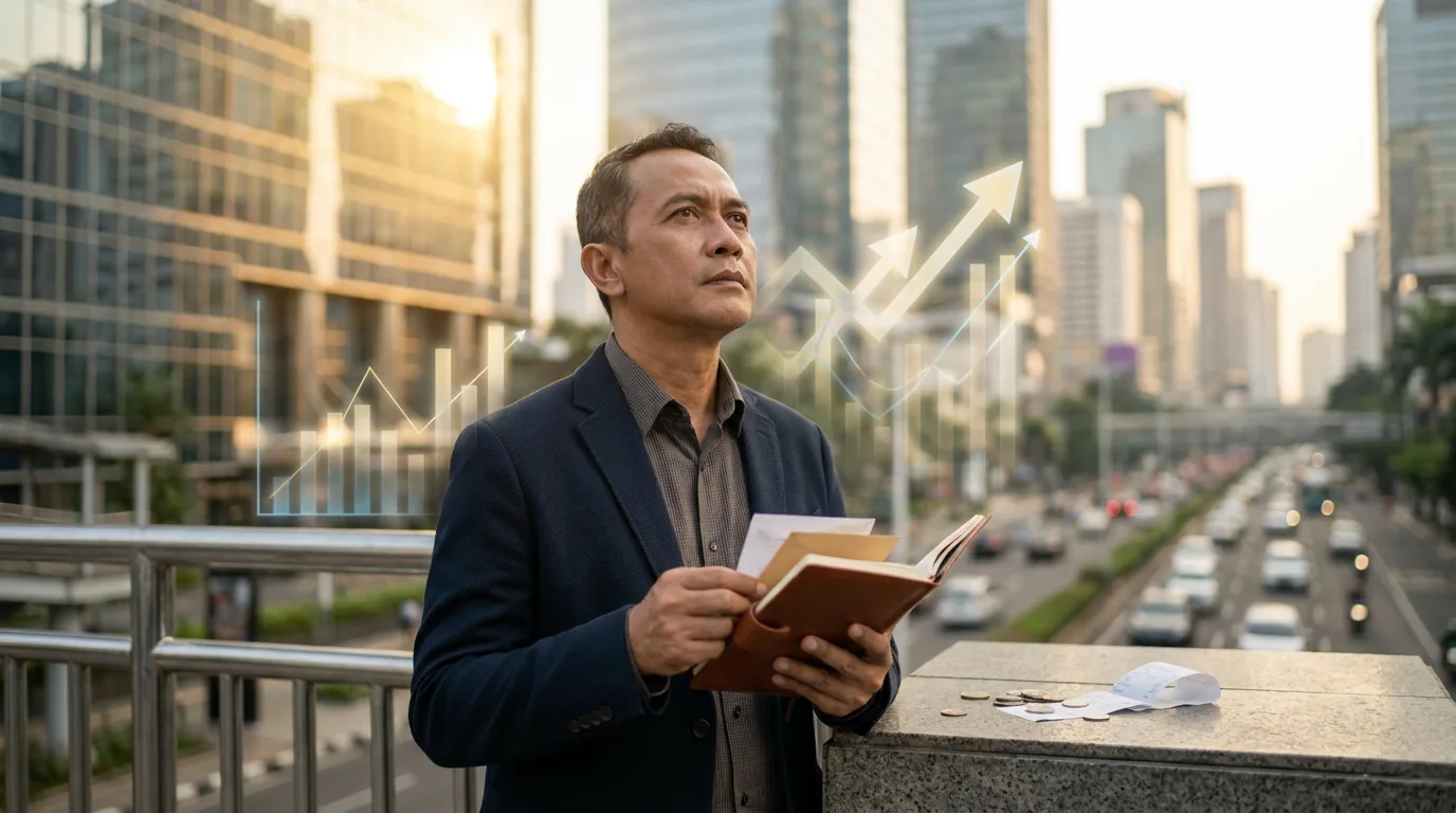 Seorang pekerja profesional paruh baya di kawasan bisnis Jakarta sedang merenungkan persiapan masa pensiun di tengah dinamika ekonomi makro.