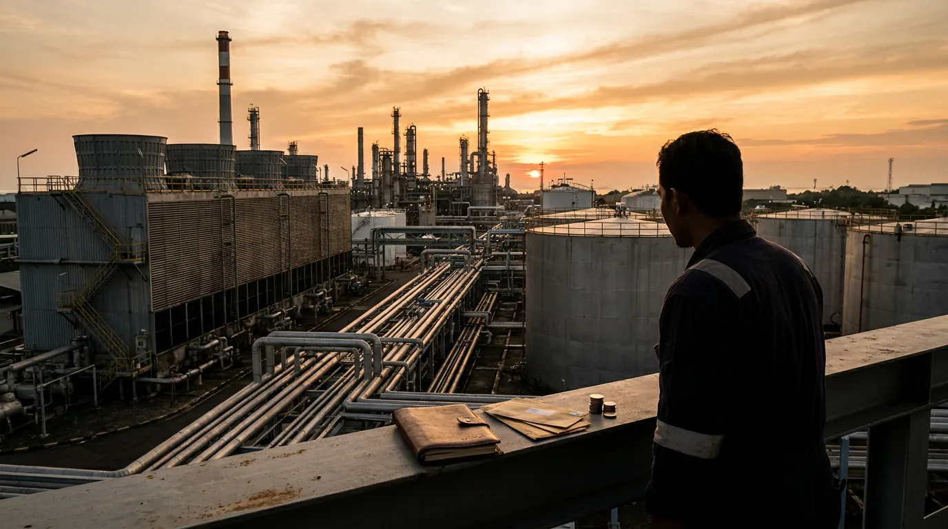 Fasilitas industri dan kilang energi di Indonesia saat matahari terbenam, melambangkan fokus perusahaan pada bisnis inti dan efisiensi operasional.