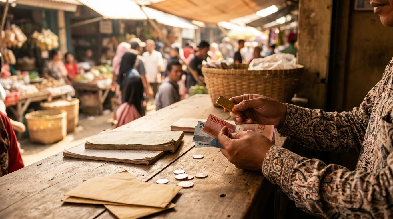 Transaksi pembelian emas batangan dan penukaran uang Rupiah di Indonesia sebagai bentuk diversifikasi aset ke komoditas dan valuta asing.