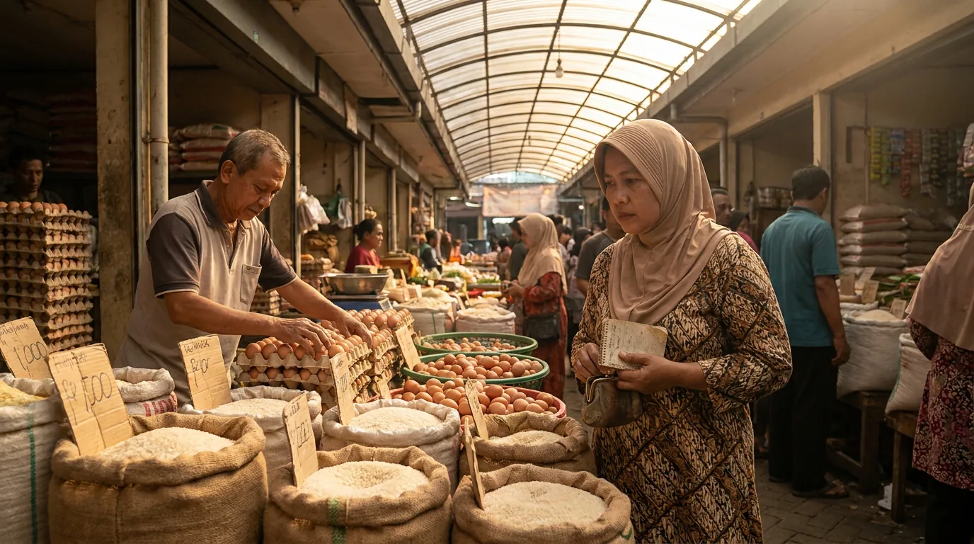 Konsumen sedang mengamati harga bahan pokok di pasar tradisional Indonesia, menggambarkan dampak volatilitas ekonomi pada pengeluaran rumah tangga.