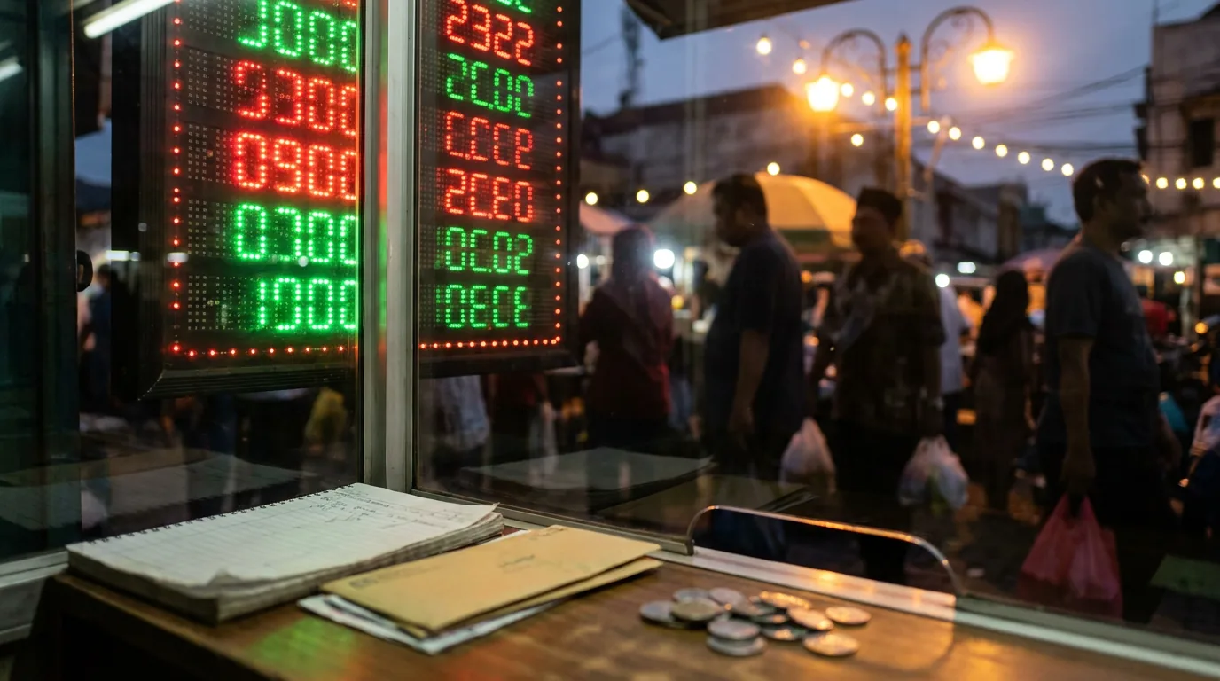 Papan nilai tukar mata uang elektronik abstrak di sebuah money changer di Indonesia dengan latar belakang aktivitas konsumen.