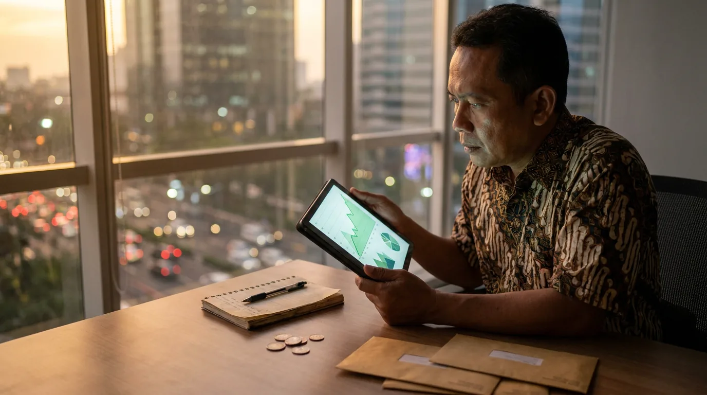 Ilustrasi seorang investor ritel di Jakarta sedang memantau grafik saham yang melonjak hijau di layar tablet.