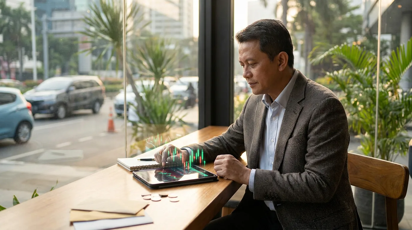 Seorang investor ritel Indonesia yang tenang sedang menganalisis grafik investasi abstrak di tabletnya, mencerminkan kesabaran dalam strategi jangka panjang.