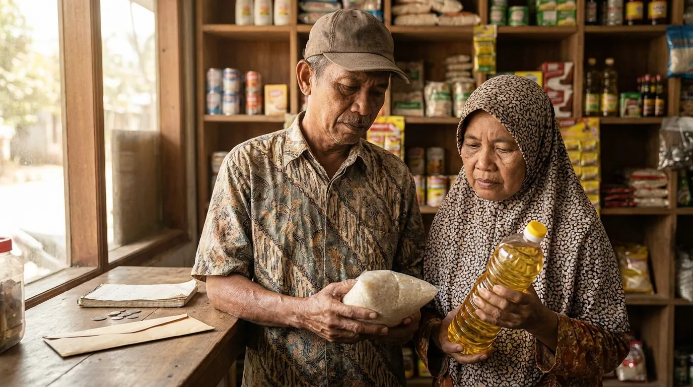 Pasangan paruh baya Indonesia sedang mengecek harga kebutuhan pokok di toko, menggambarkan dampak nyata inflasi terhadap daya beli di masa tua.