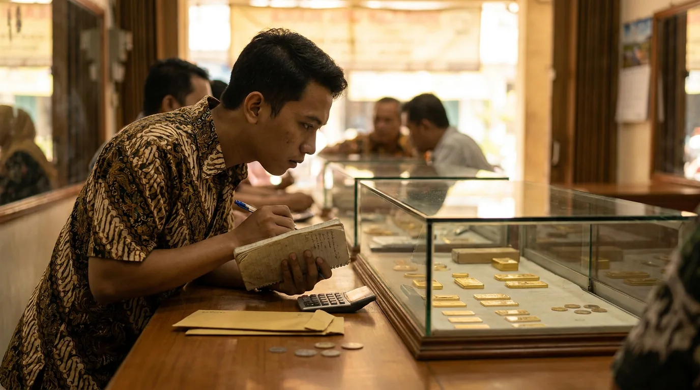 Pekerja muda Indonesia sedang melihat emas batangan di toko emas sebagai salah satu langkah praktis diversifikasi aset anti-inflasi.