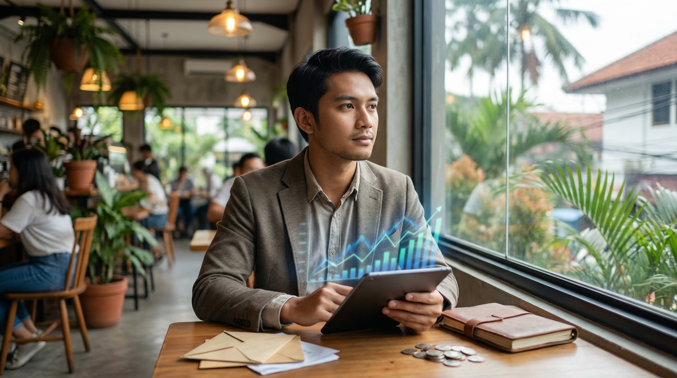Seorang investor ritel muda Indonesia sedang menganalisis grafik probabilitas keuangan di tablet dengan tenang di sebuah kafe.