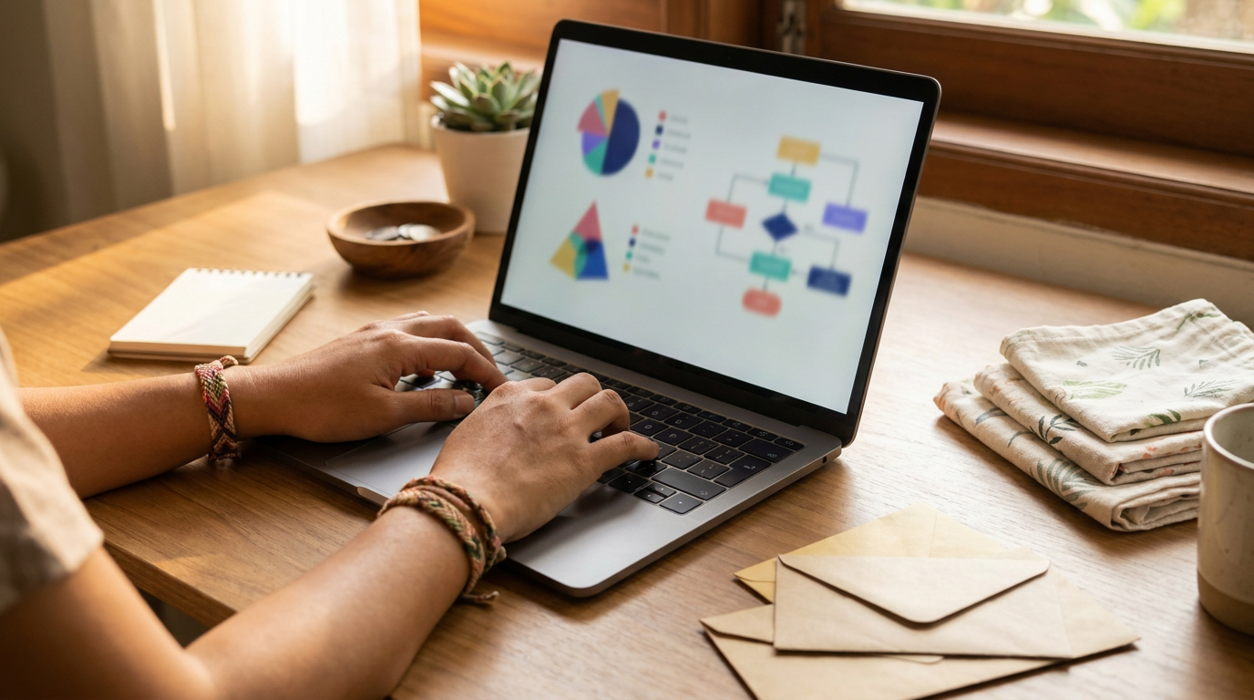 Seseorang sedang menggunakan laptop untuk mengelola data arus kas rumah tangga dengan latar belakang barang belanjaan harian.