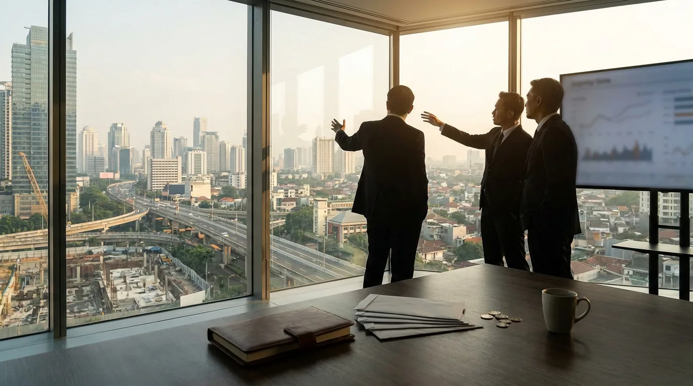 Diskusi bisnis para investor di ruang rapat modern dengan latar belakang pemandangan infrastruktur kota.