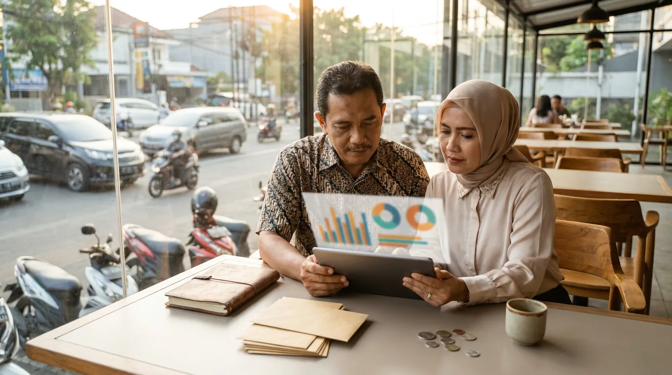 Pasangan paruh baya Indonesia sedang berdiskusi melihat grafik keuangan abstrak di tablet, merencanakan masa pensiun yang tenang.
