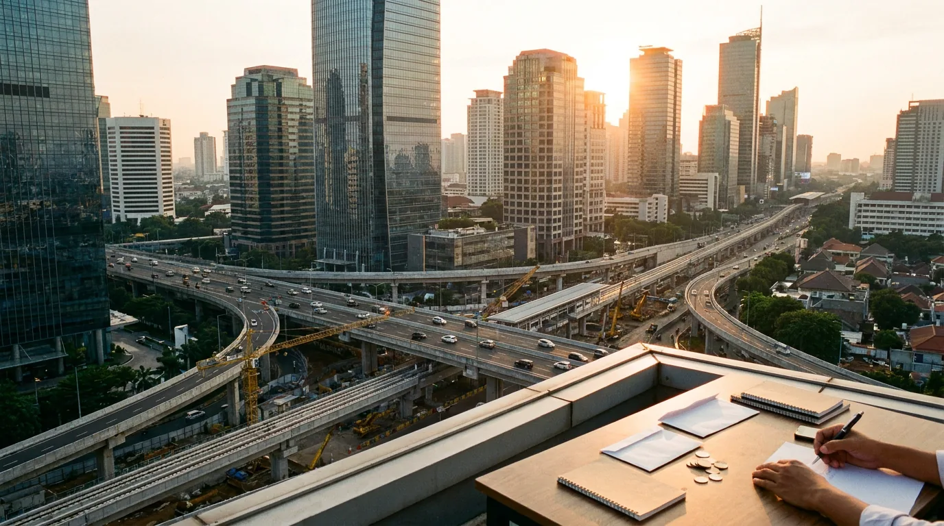 Pemandangan udara kawasan bisnis Jakarta dan proyek infrastruktur saat matahari terbenam yang melambangkan investasi jangka panjang.