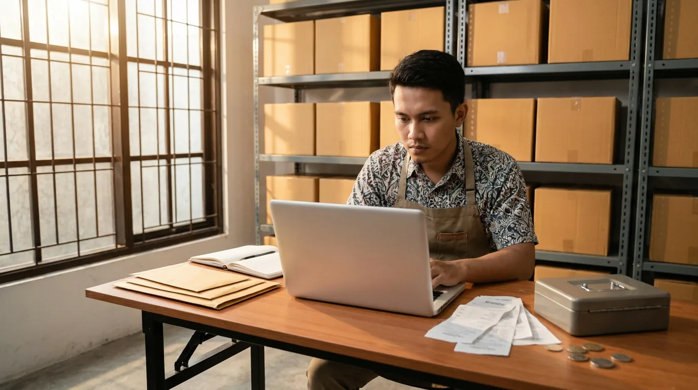 Pengusaha muda Indonesia memantau arus kas dan operasional bisnis melalui laptop di dalam gudang penyimpanan barang.