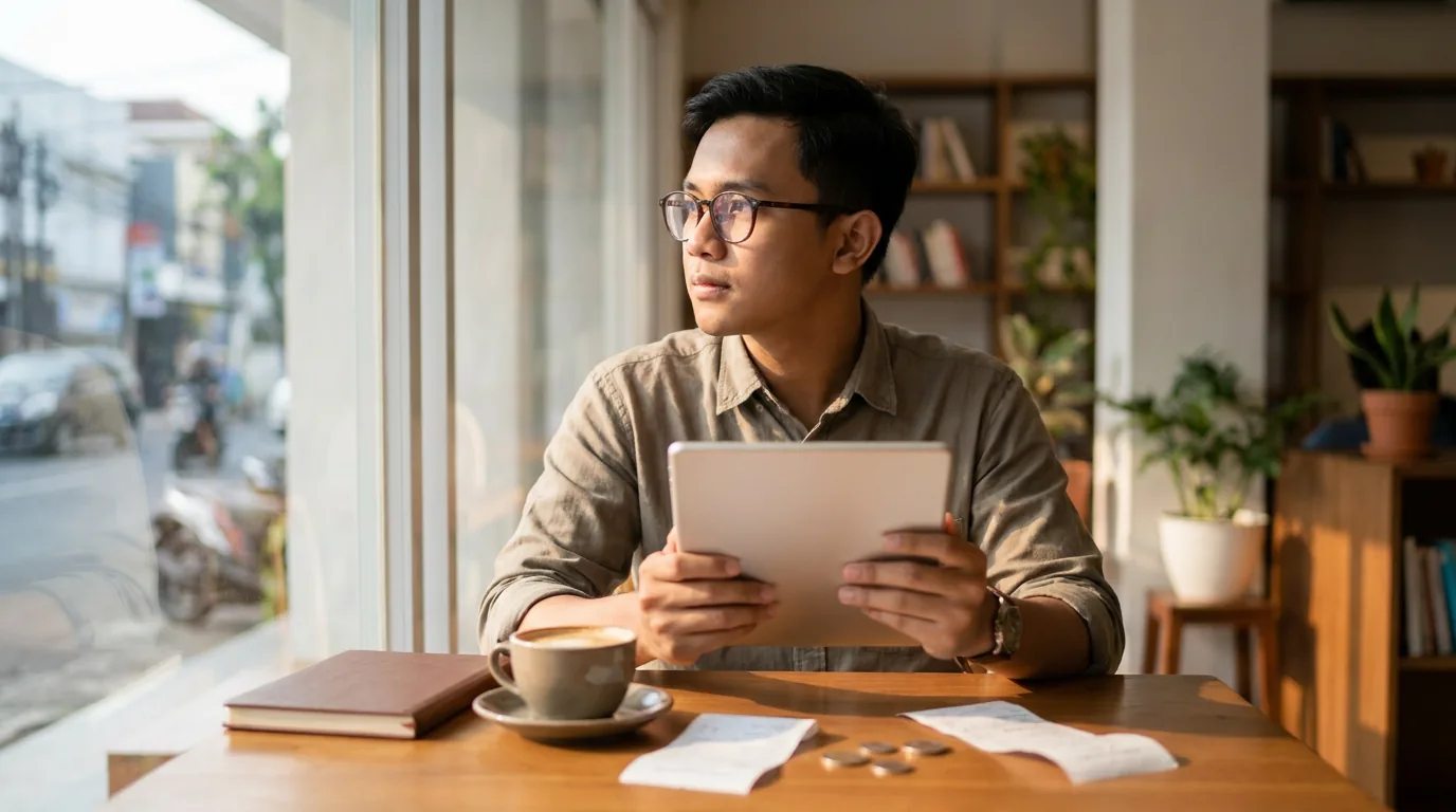 Seorang pengusaha muda Indonesia di kafe modern sedang merenung sambil memegang tablet, merepresentasikan investor ritel yang sedang menyusun kerangka investasi jangka panjang.
