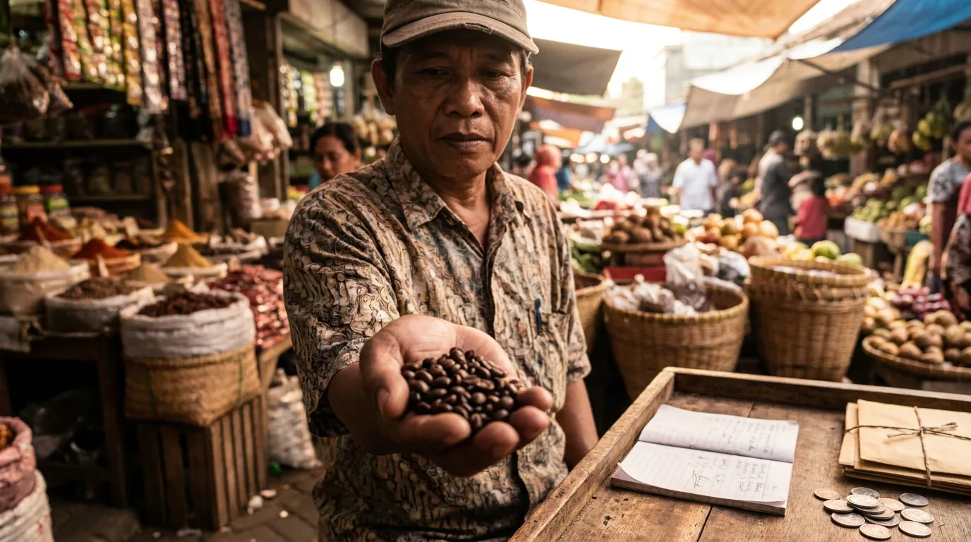 Seorang pedagang di pasar tradisional Indonesia yang fokus pada satu komoditas unggulan, menggambarkan pentingnya fokus dan menghindari diversifikasi berlebihan.