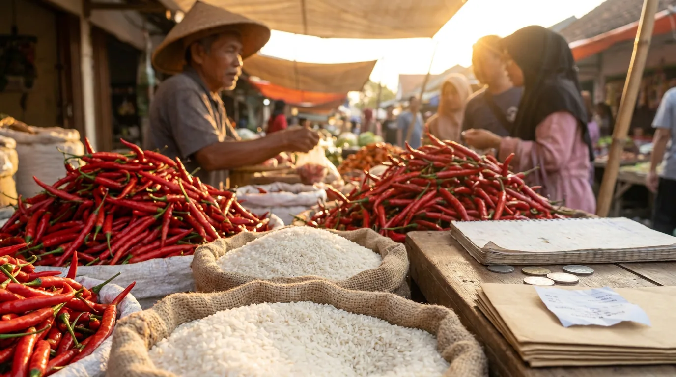 Tumpukan cabai merah dan beras di pasar tradisional Indonesia yang rentan inflasi pangan.