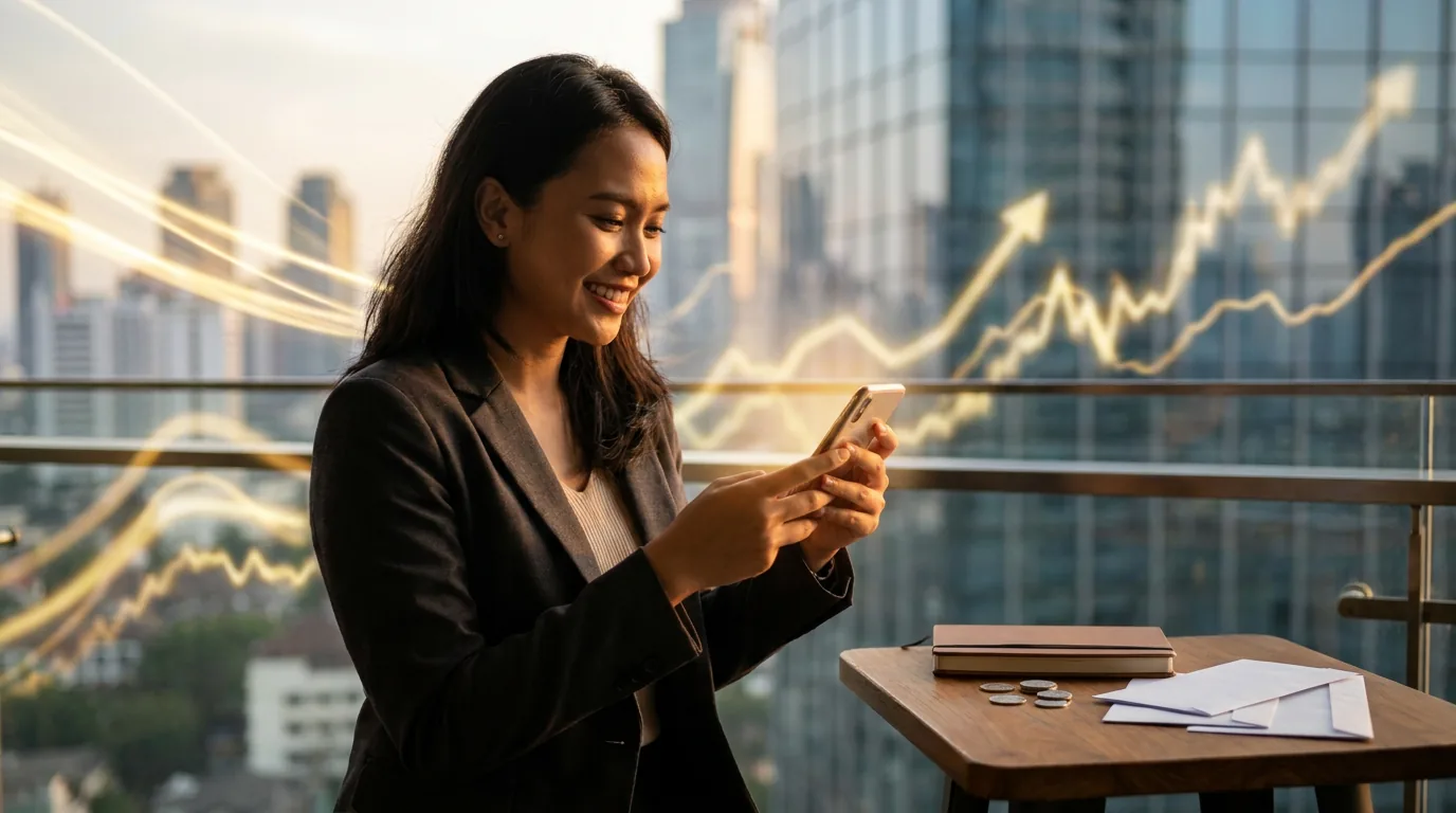 Seorang profesional muda Indonesia menggunakan ponsel pintar dengan latar belakang distrik bisnis modern dan grafik keuangan abstrak yang melambangkan pertumbuhan pesat bank digital.