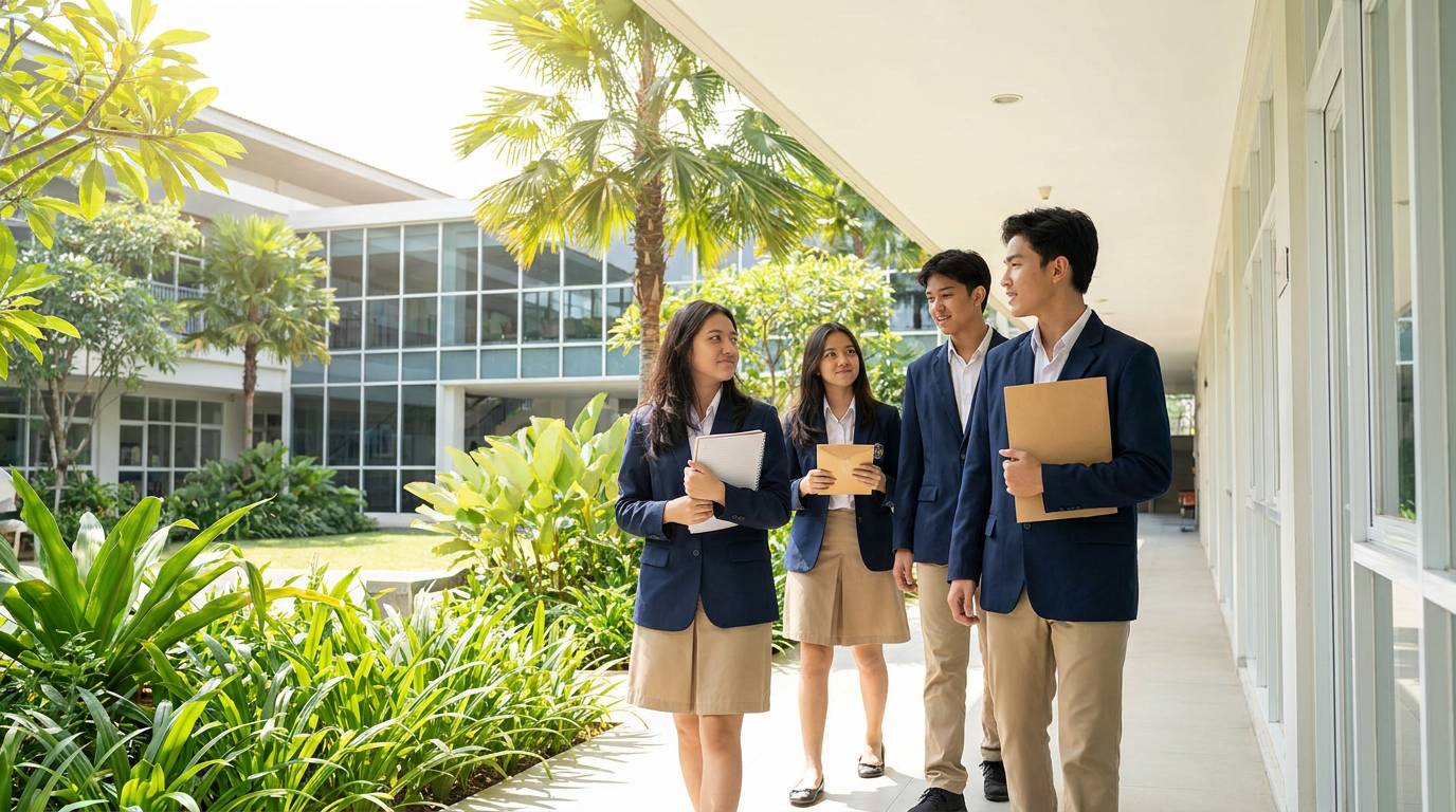 Gedung sekolah internasional modern di Indonesia dengan fasilitas mewah dan siswa berseragam rapi.