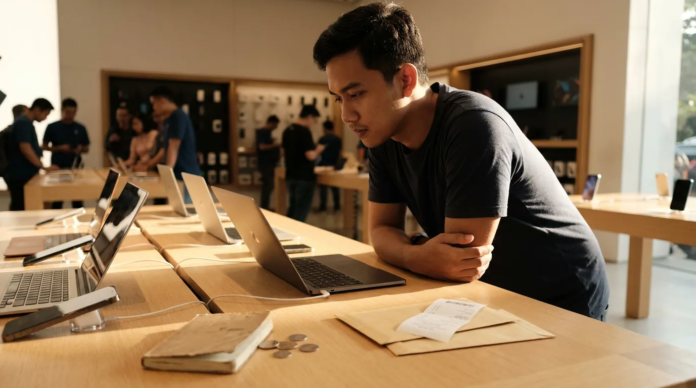 Konsumen Indonesia sedang melihat dan mempertimbangkan harga smartphone serta laptop premium di toko elektronik modern.