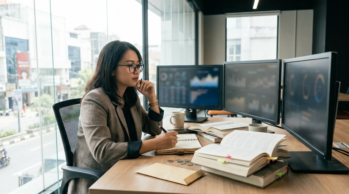 Pekerja kantoran muda di Indonesia sedang fokus belajar dan bekerja di depan monitor untuk beradaptasi dengan disrupsi AI.