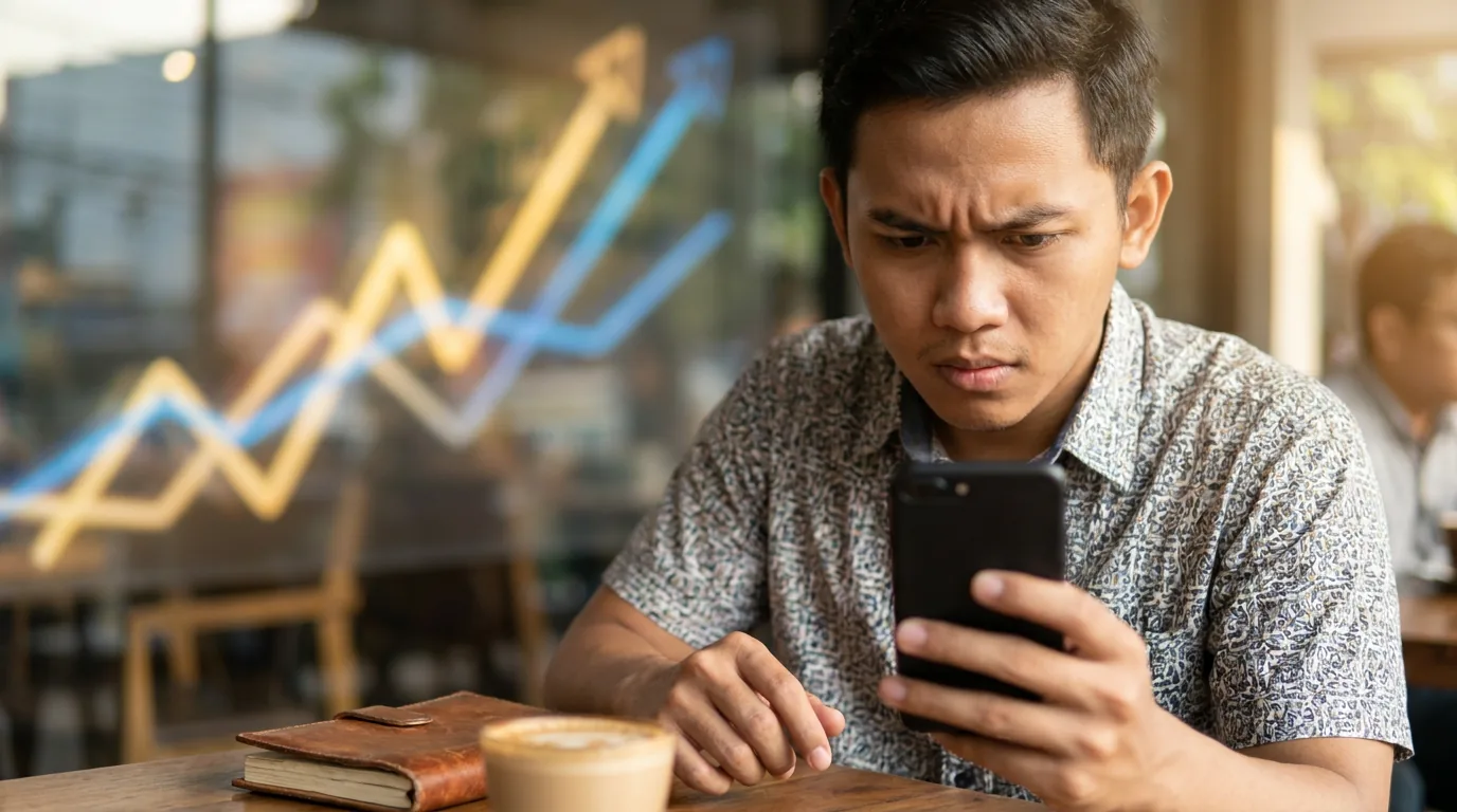 Investor ritel Indonesia sedang fokus melihat pergerakan pasar saham teknologi melalui layar ponsel pintar.