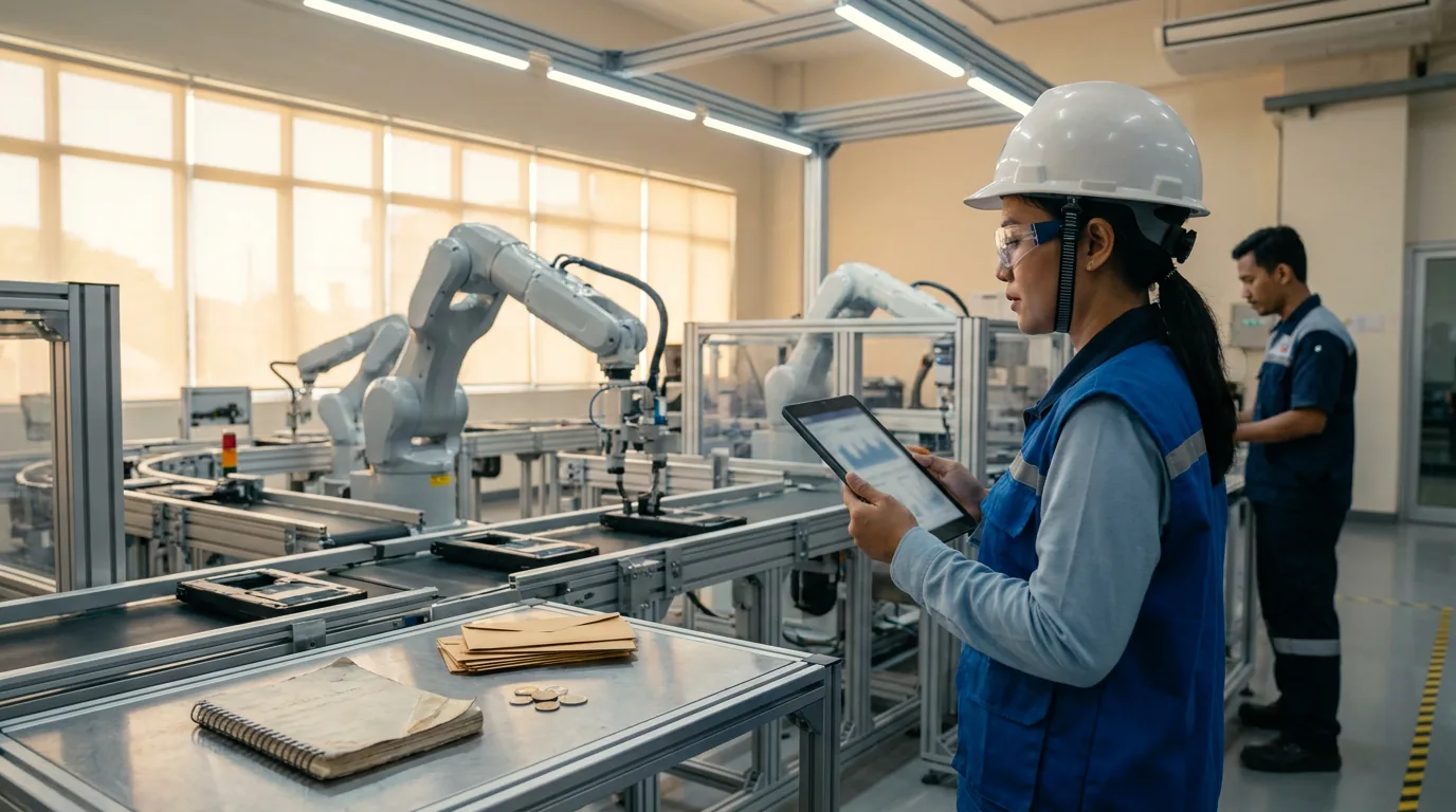 Insinyur Indonesia memantau proses otomatisasi menggunakan tablet di dalam pabrik modern, menggambarkan efisiensi operasional berkat teknologi kecerdasan buatan.