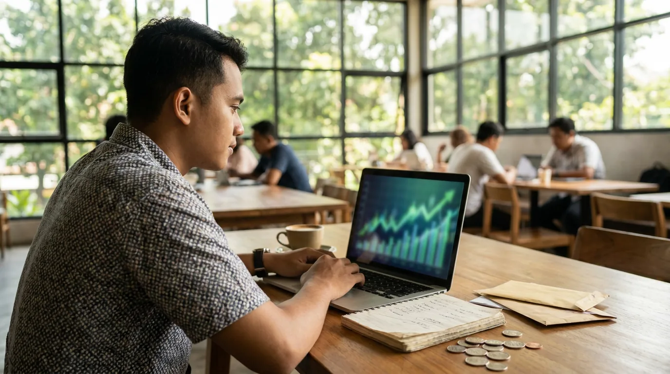 Investor ritel muda Indonesia sedang menganalisis grafik keuangan abstrak di laptop dari sebuah ruang kerja bersama, menunjukkan akses mudah ke pasar modal global.