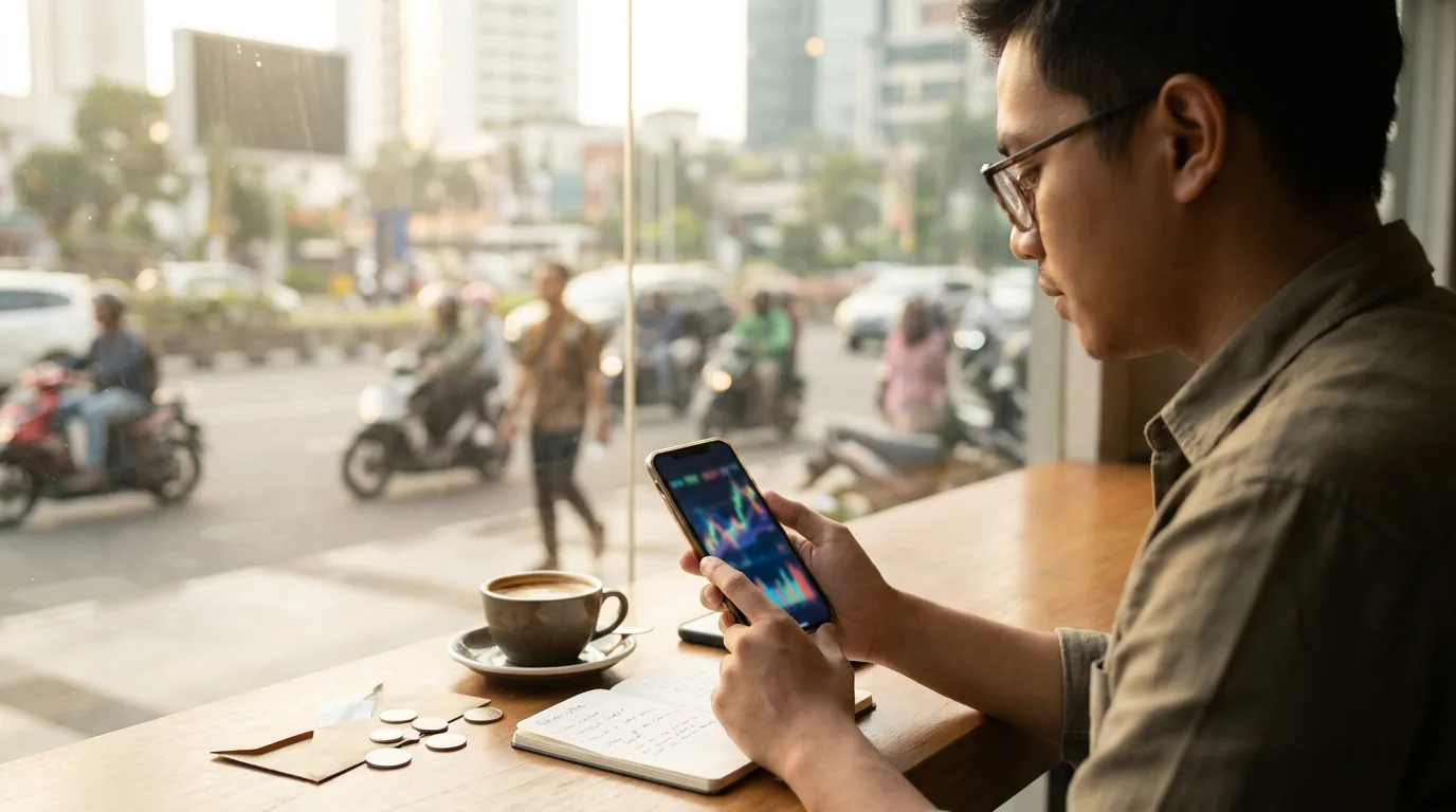 Seorang pemuda Indonesia di kafe sedang memantau grafik pasar keuangan abstrak di ponsel pintar, mewakili tren investor ritel di Indonesia.