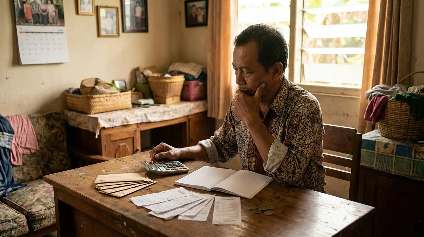 Pekerja Indonesia sedang merenung di depan kalkulator dan buku catatan, melambangkan pentingnya perencanaan keuangan dasar sebelum berinvestasi.