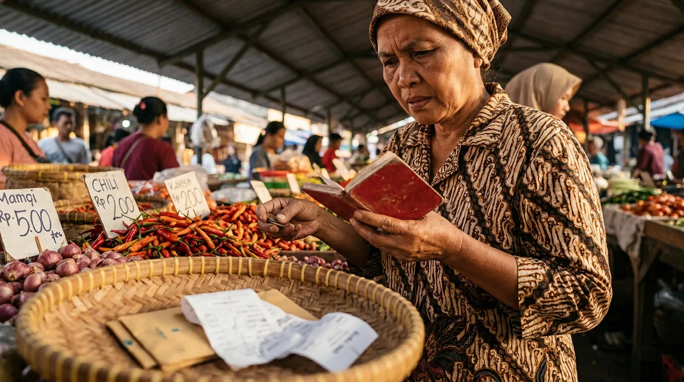 Seorang pembeli sedang mengecek harga kebutuhan pokok di pasar tradisional, menggambarkan kewaspadaan konsumen dalam menjaga keuangan keluarga di tengah inflasi.