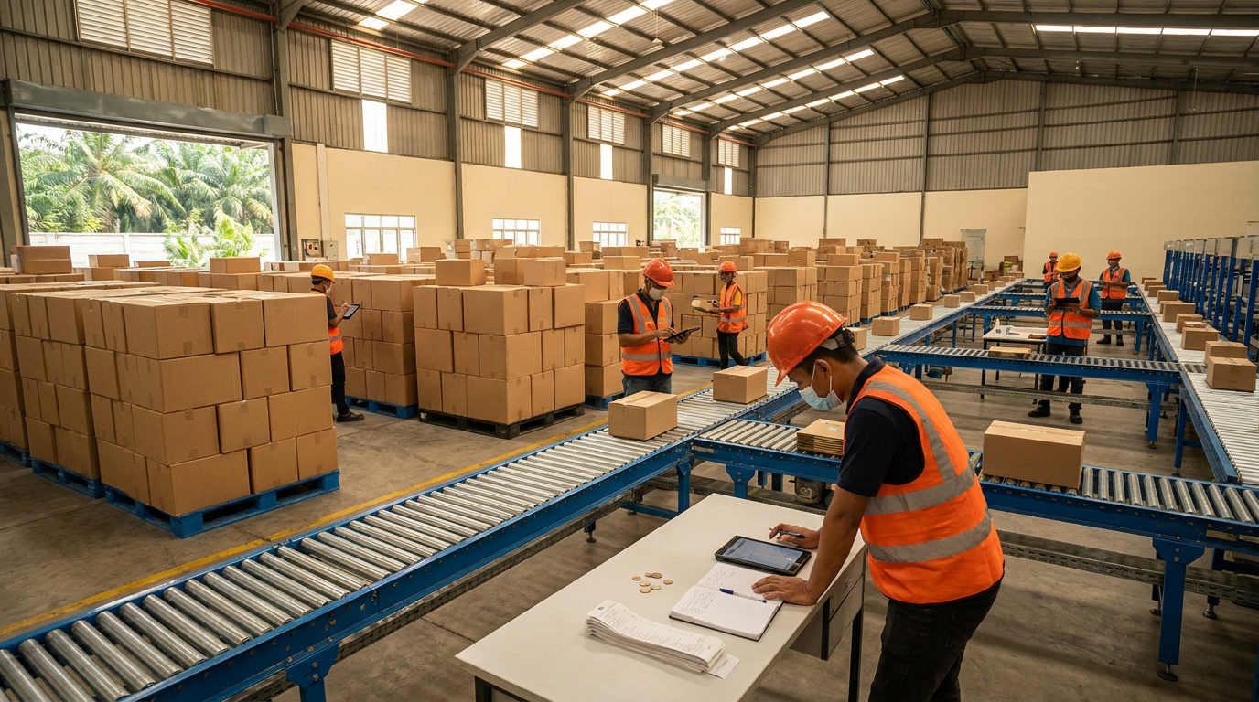Suasana sibuk di pusat distribusi logistik modern di Indonesia dengan sistem ban berjalan, menggambarkan wujud nyata dari derasnya investasi teknologi di sektor e-commerce.