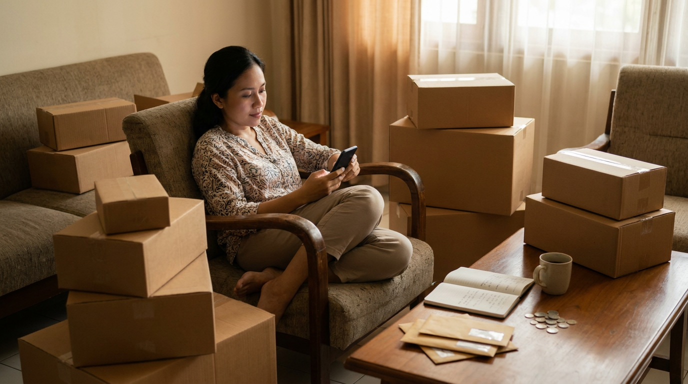 Seorang konsumen Indonesia duduk di ruang tamu sambil menatap layar ponsel, dikelilingi tumpukan kotak paket belanja online yang mencerminkan godaan konsumerisme digital.