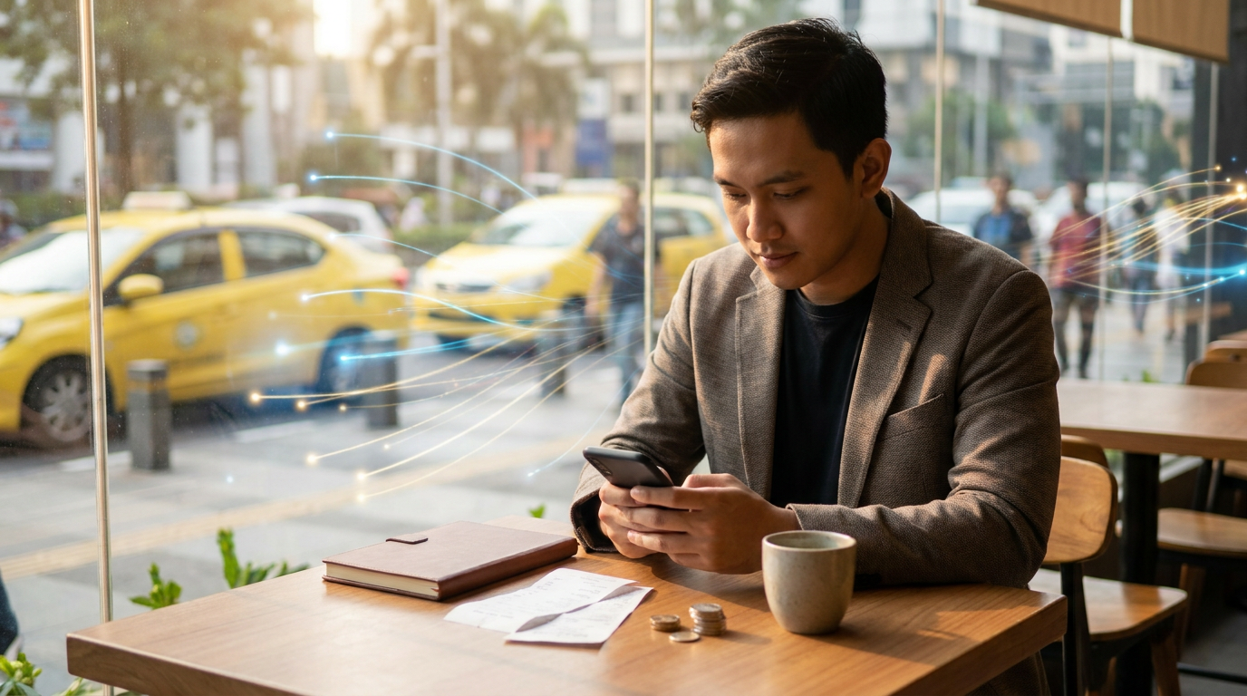 Ilustrasi seorang pemuda Indonesia menggunakan ponsel pintar dengan latar belakang aliran data digital, melambangkan dampak investasi teknologi global pada kehidupan sehari-hari.