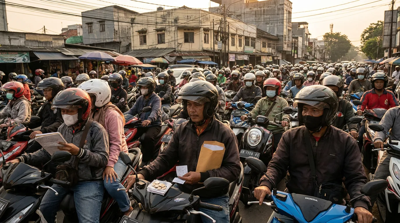 Suasana jalanan perkotaan di Indonesia yang dipadati oleh pengendara sepeda motor, mencerminkan tingginya mobilitas dan pemulihan daya beli masyarakat.