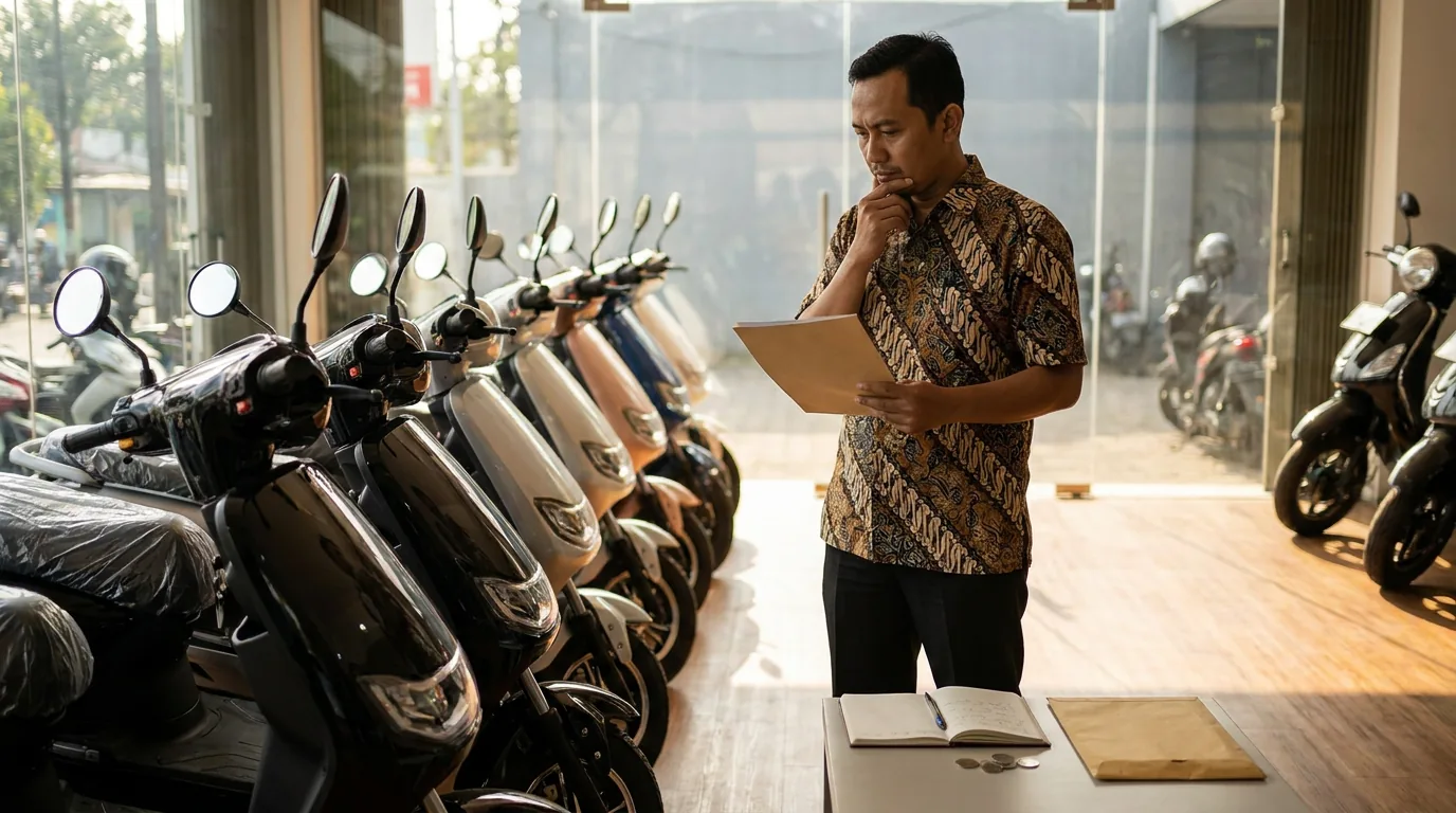 Seorang pria Indonesia sedang melihat deretan motor baru di sebuah dealer, mempertimbangkan kesiapan finansial sebelum mengambil kredit kendaraan.