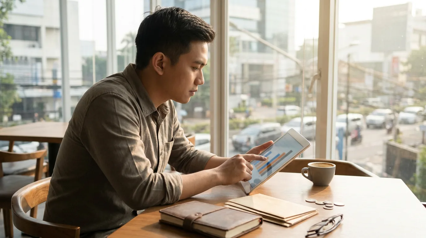 Seorang profesional muda di Indonesia sedang mengevaluasi rencana keuangan dan rasio utang menggunakan tablet di kafe modern.