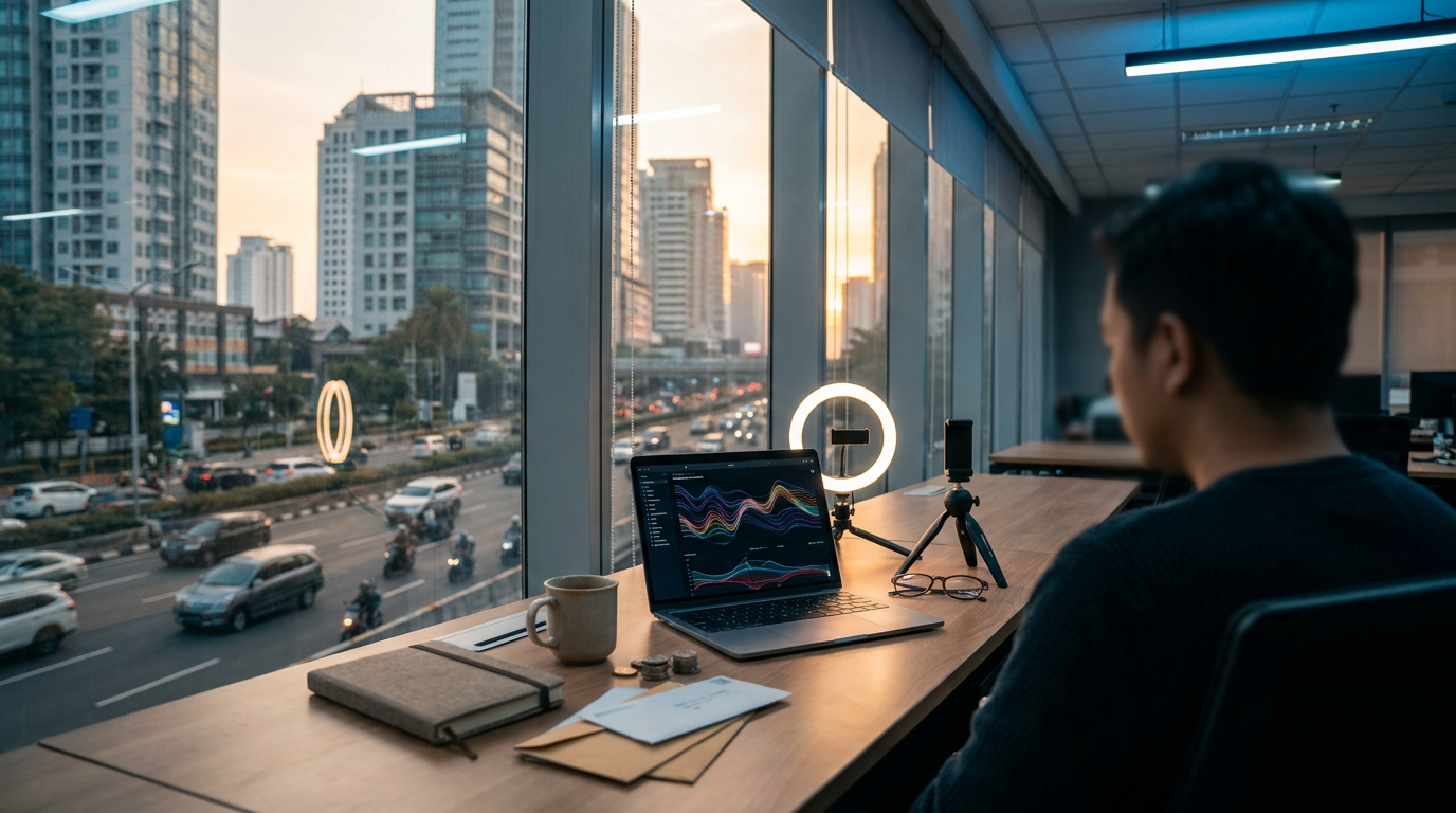 Meja kerja dengan laptop yang menampilkan grafik berdampingan dengan ring light dan tripod, merepresentasikan pilihan antara rutinitas korporat dan kebebasan dunia influencer.