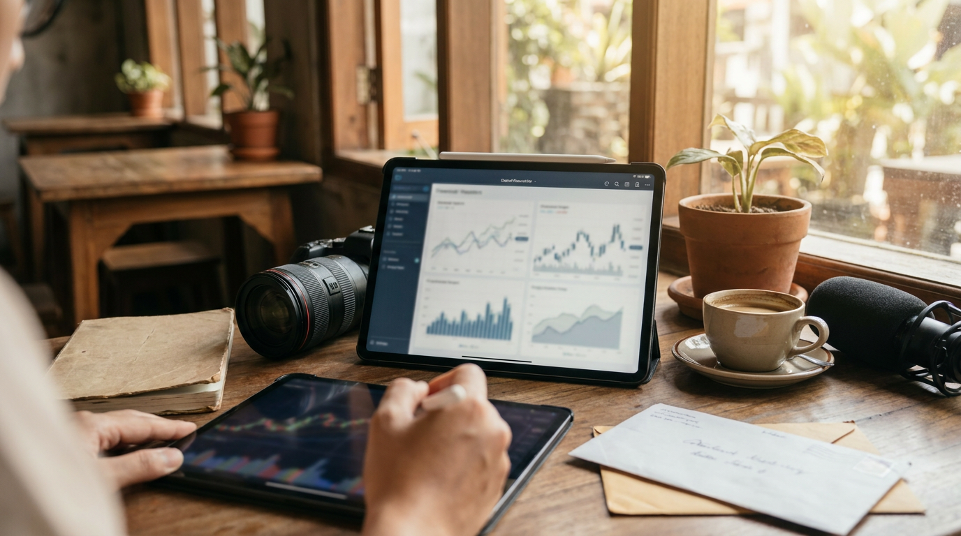 Persiapan finansial dan dana darurat yang digambarkan melalui tablet dengan grafik keuangan di sebelah lensa kamera dan mikrofon di atas meja kafe.