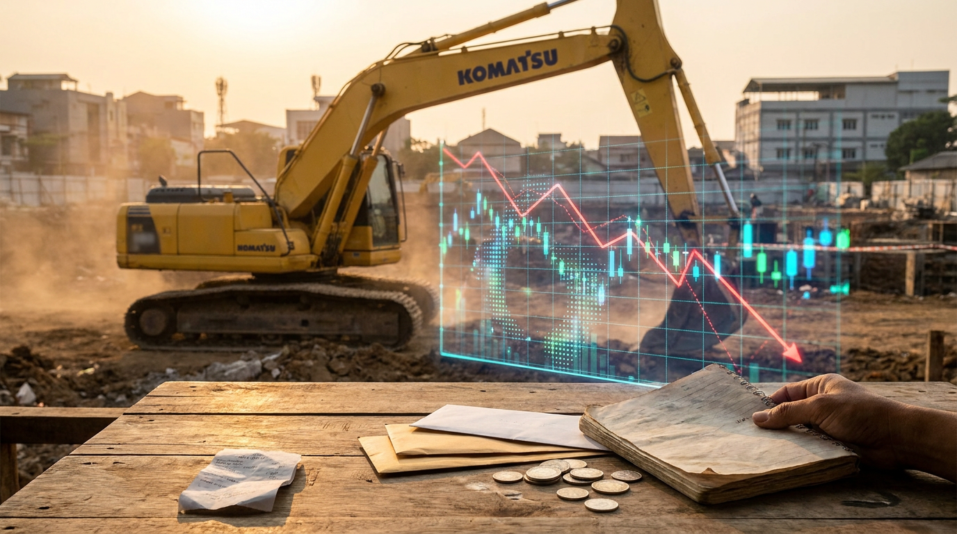 Ilustrasi alat berat ekskavator kuning dengan latar belakang grafik saham digital berwarna merah yang menurun, melambangkan koreksi pasar dan aksi short selling pada sektor industri.