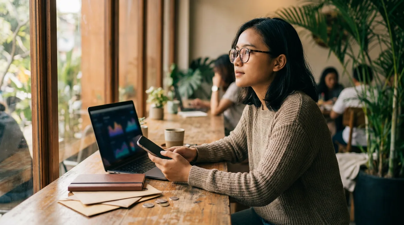 Investor ritel muda Indonesia sedang duduk di kafe dengan ekspresi tenang dan rasional saat mengevaluasi strategi investasi.
