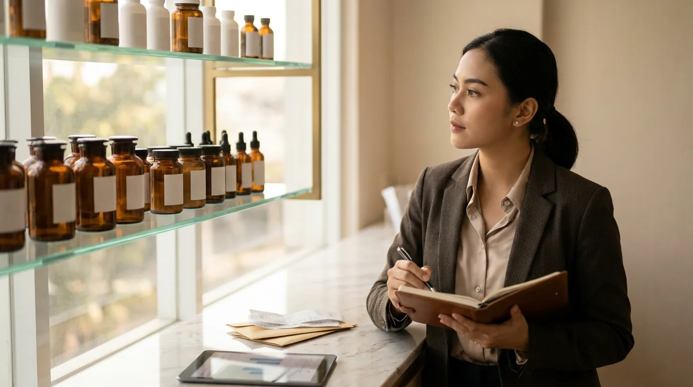 Seorang wanita Indonesia sedang melihat pajangan produk perawatan kulit medis di sebuah klinik kecantikan premium.
