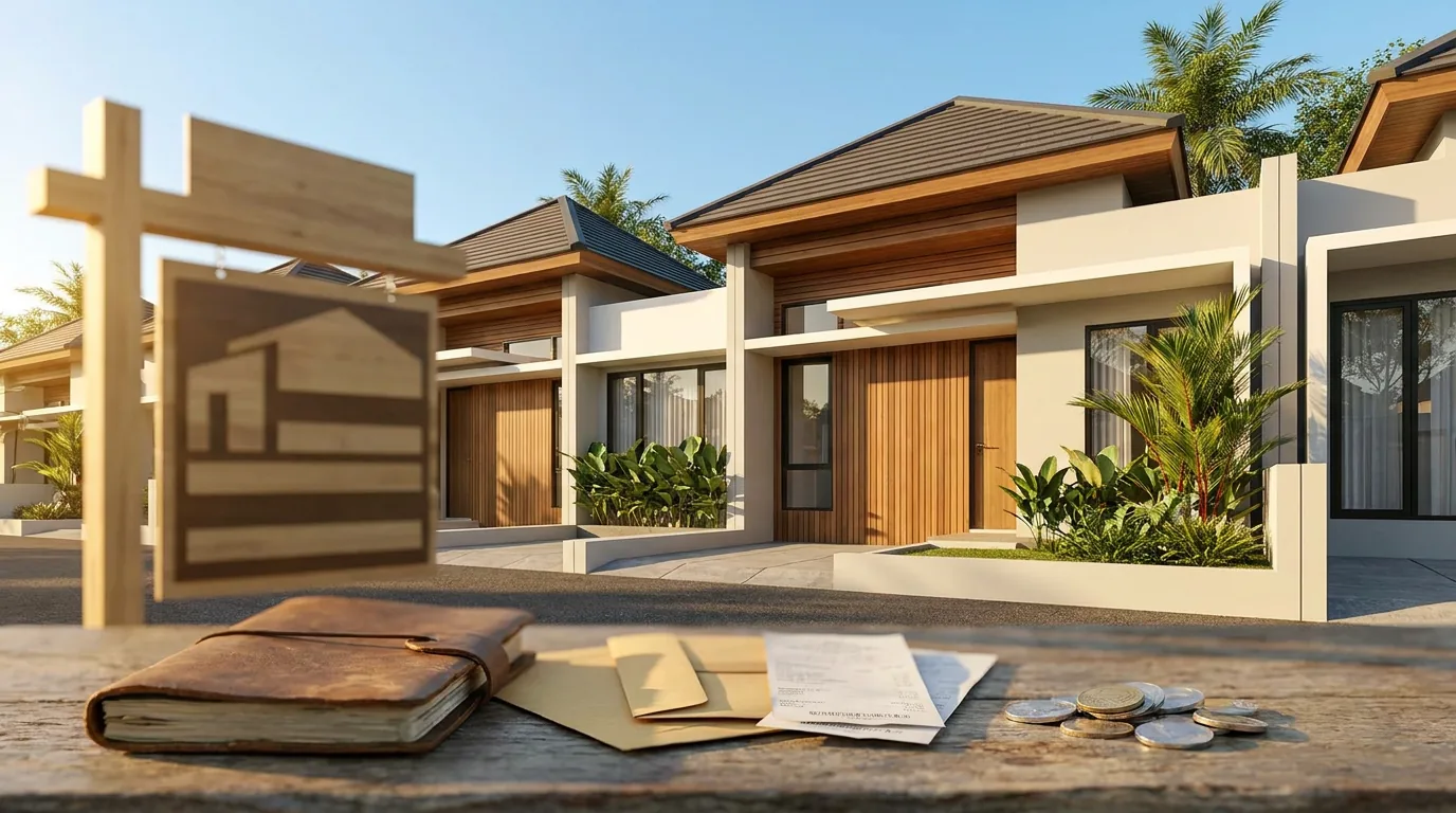 Deretan rumah baru di kawasan perumahan Indonesia yang melambangkan aset properti dan beban cicilan KPR dengan bunga mengambang.