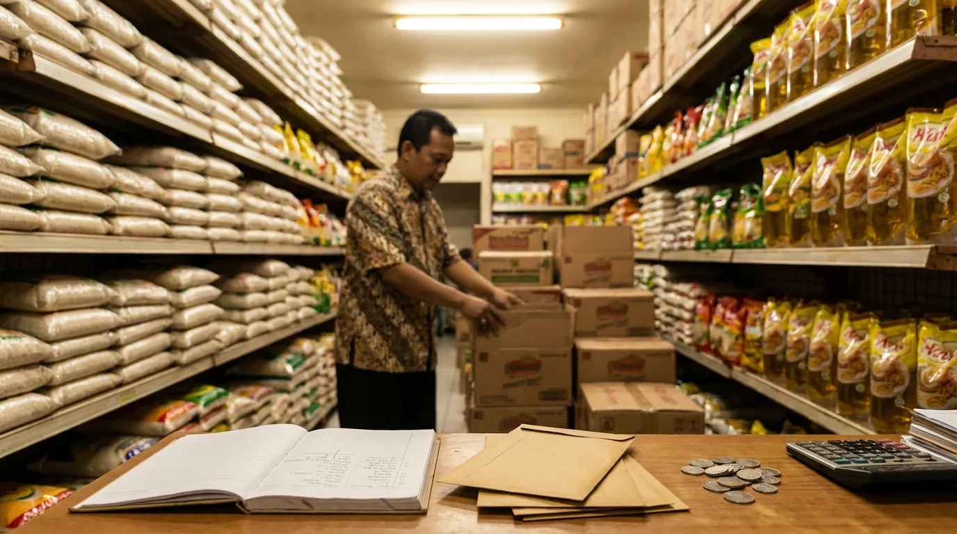 Suasana toko grosir UMKM di Indonesia yang rapi, melambangkan analogi biaya dana perbankan seperti modal barang bagi pedagang.