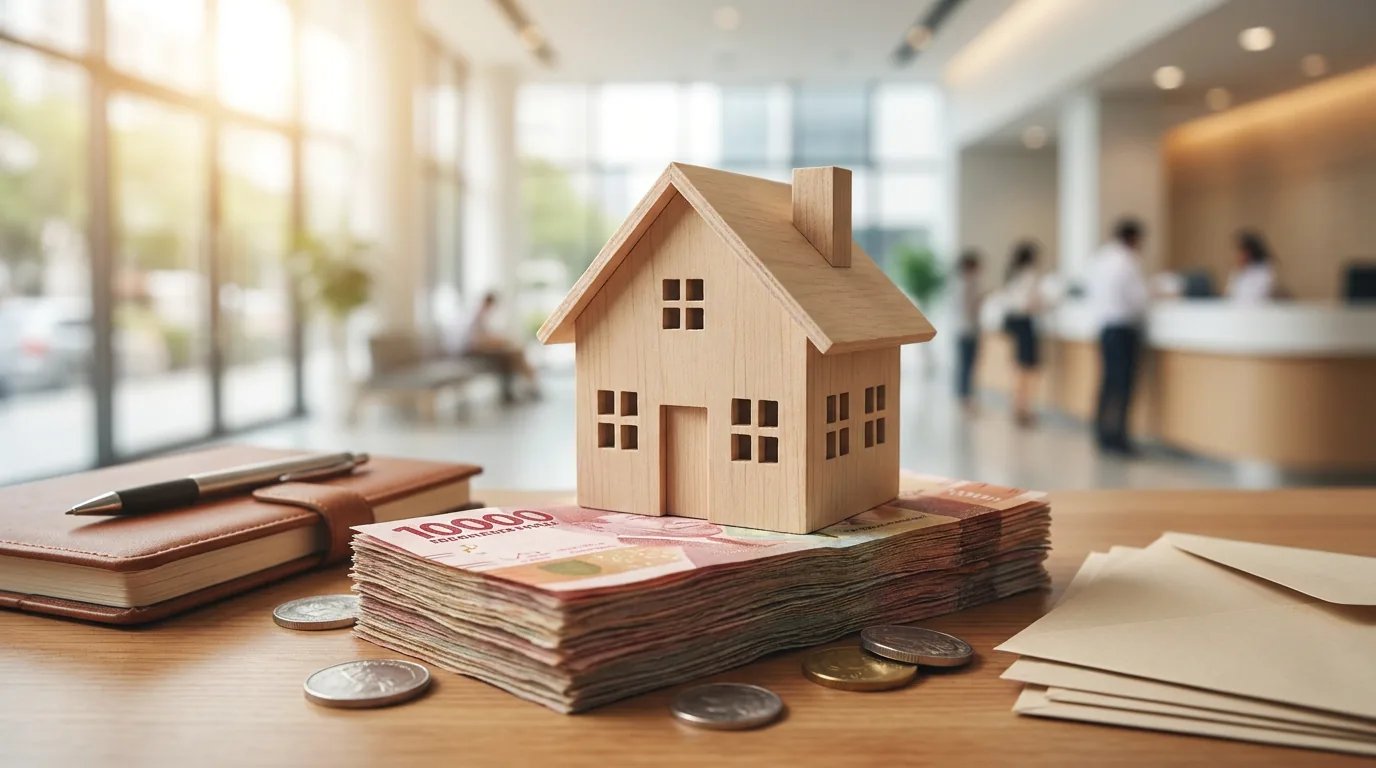 Miniatur rumah di atas tumpukan uang Rupiah yang melambangkan tren suku bunga KPR dan pinjaman bank di Indonesia.
