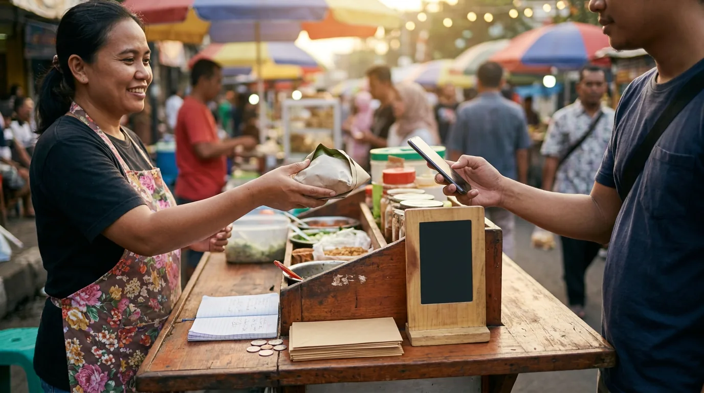 Pedagang kaki lima di pasar tradisional Indonesia yang menyediakan fasilitas pembayaran digital nirsentuh untuk pelanggannya.