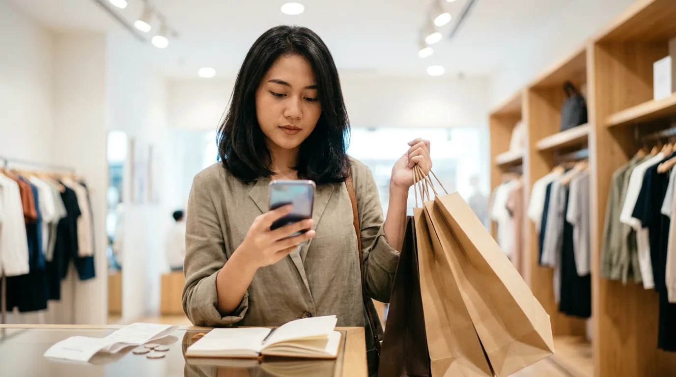 Konsumen muda berbelanja di pusat perbelanjaan sambil melihat layar ponsel pintar, menggambarkan godaan kemudahan kredit dan paylater dari aplikasi keuangan.