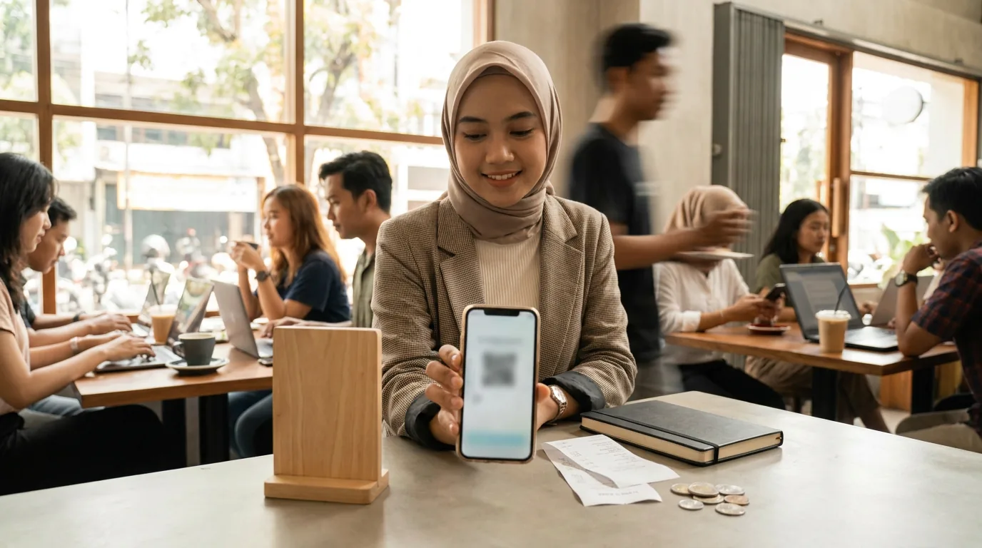 Seorang profesional muda di Indonesia sedang melakukan pembayaran digital menggunakan ponsel pintar di kedai kopi yang sibuk.