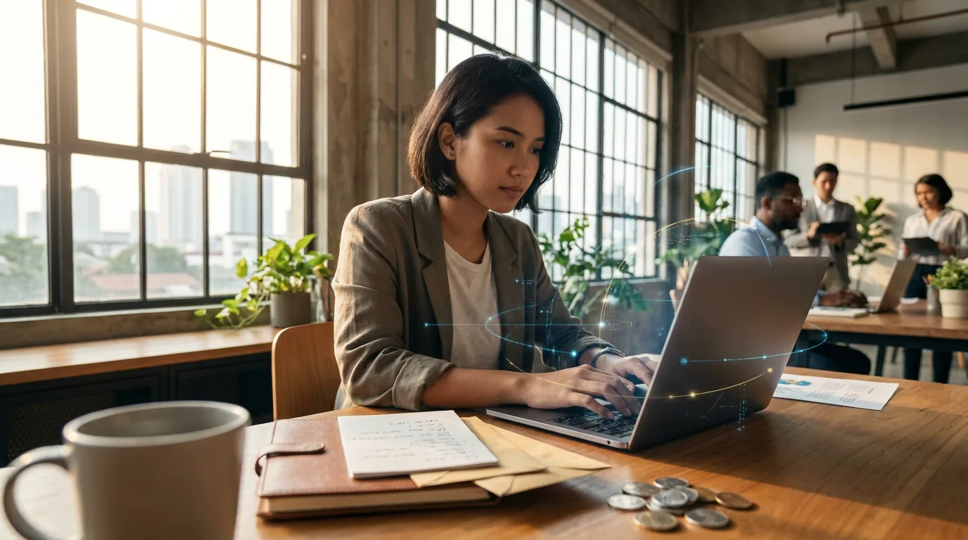 Profesional teknologi Indonesia bekerja dengan laptop dikelilingi visualisasi data abstrak yang melambangkan valuasi tinggi industri AI.